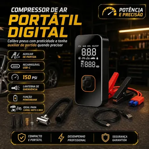 Compressor de ar Portátil Bateria Conector Veicular Bivolt 150 Psi Power Bank e Auxiliar de Partida Mais Emergencial