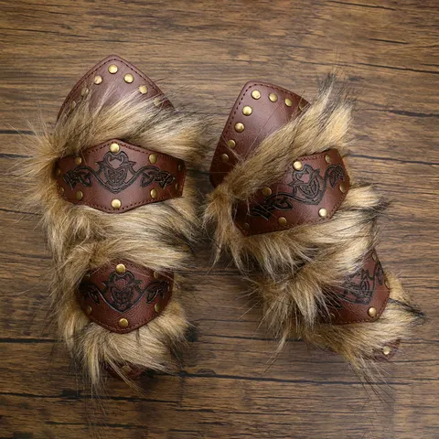 Punho de braço ajustável em couro sintético com imitação de pele, estilo viking medieval, para Halloween, LARP, renascentista, cosplay, acessórios para homens e mulheres.