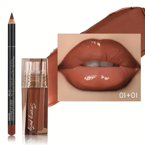 Kit de brilho labial hidratante + delineador labial, contorno labial de precisão 3D, aparência rechonchuda, alto brilho, desgaste resistente a manchas