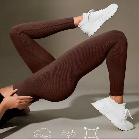 Calça Legging Canelada de Cintura Alta sem Costura para Academia Feminina, Elástica e Fitness