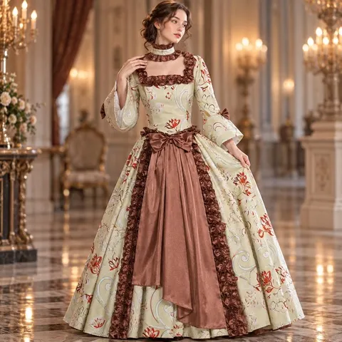 Vestido Maxi Vintage Estampado com Patchwork, Silhueta Evasê, Manga Longa, Cintura Alta, Decote Baixo, Estilo Corte, Vestido de Noite