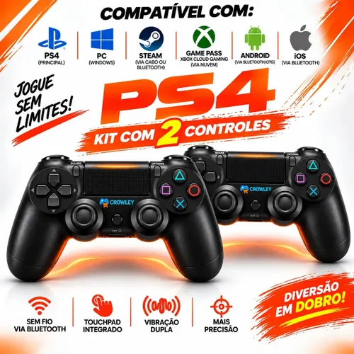 Kit 2 Controles sem Fio Bluetooth para Ps4 Videogame Gamepass Steam Tv Smart Gamer Celular Joystick Manete - Crowley
