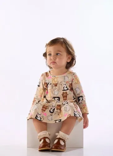 Vestido Bebê Menina em Cotton com Manga Longa Multicolor