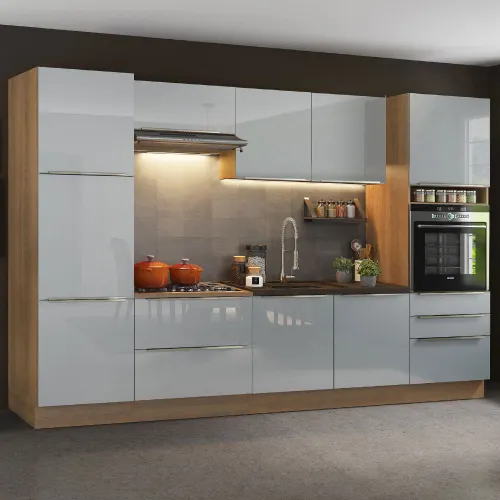 Armário de Cozinha Completa 320 x 60 cm Rustic/Cinza Lux Madesa 03