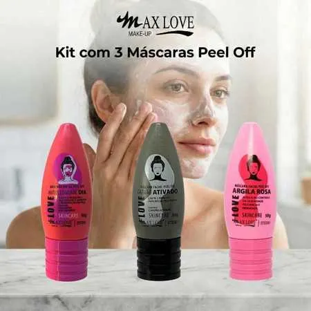 Kit com 3 Máscaras Peel Off - AntiOleosidade Dia, Carvão Ativado, Argila Rosa Max Love