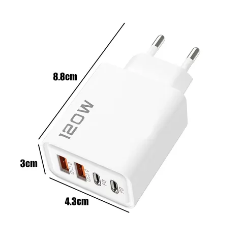 Carregador Rápido de 120W Total com Adaptador de Parede USB Tipo-C PD para iPhone 16/15/14, Xiaomi, Huawei, Redmi, Oneplus