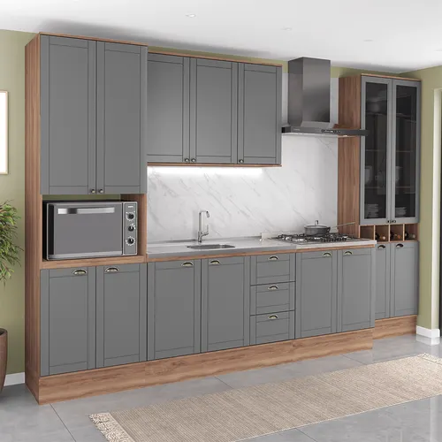 Armário de Cozinha Completa com Balcão Milla Garden Carraro Nogal com Cinza Titânio