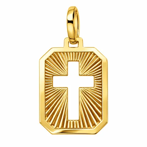 Pingente Placa com Cruz Vazada Facetado em Ouro 18K
