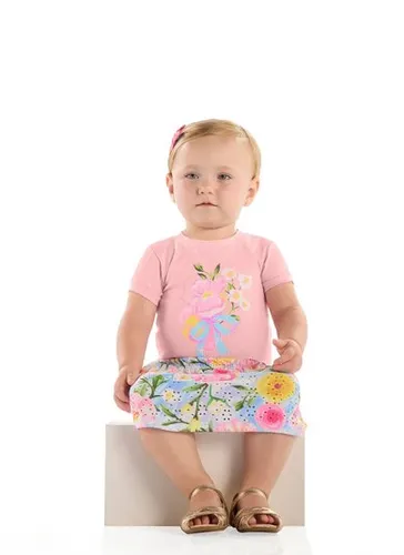 Conjunto com Blusa e Saia Short Floral para Bebê Rosa