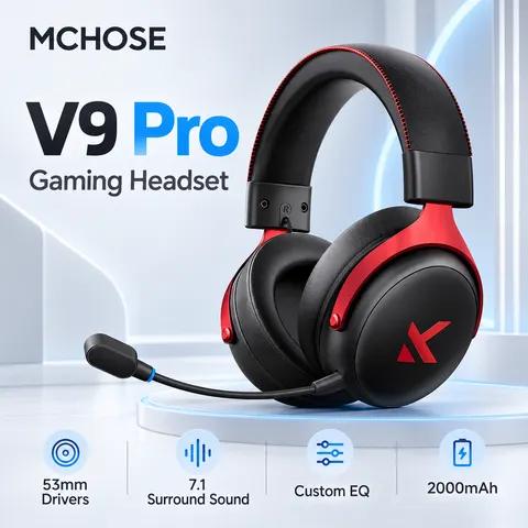 MCHOSE V9 Pro: fones de ouvido para jogos com três modos de conexão, 2.4G, Bluetooth 5.3, som surround 7.1 e microfone com cancelamento de ruído.