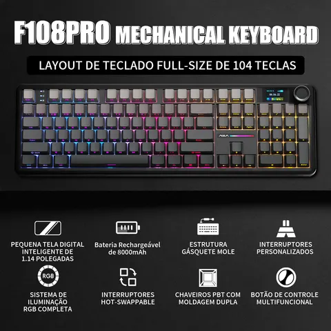 Teclado Mecânico AULA F108 PRO Personalizado com Layout 100% RGB Retroiluminado sem Fio Bluetooth Hifi Switch para Jogos