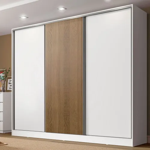 Guarda-Roupa Casal 100% MDF Madesa Royale 3 Portas de Correr Branco/Branco/Rustic