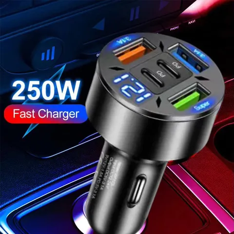 Carregador de Carro 250W com 5 Portas, Carregamento Rápido PD QC3.0, Adaptador USB C para Carro, Para iPhone