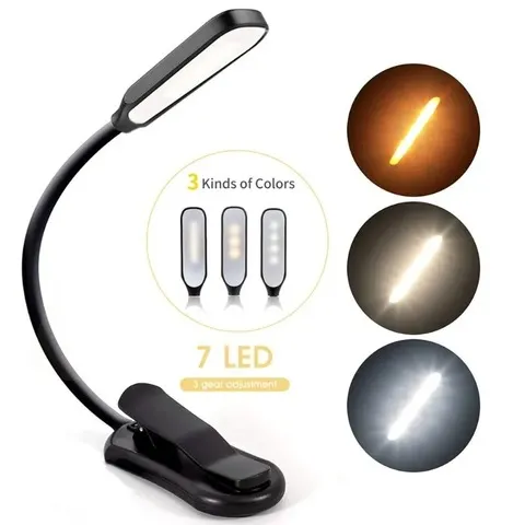 Luminária de Leitura LED Recarregável com 7 LEDs, Clipe Flexível, 3 Níveis de Luz Quente e Branca Fria para Leitura Noturna, Viagens e Uso Doméstico