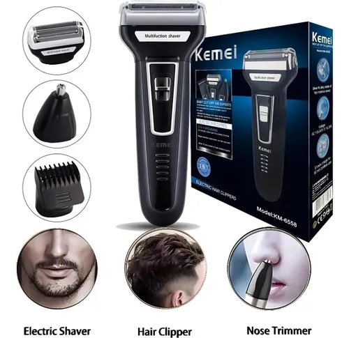 Barbeador Aparador Cortador Kemei 3 em 1 KM-6558 Recarregável Preto