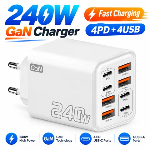 Carregador rápido USB C 8 em 1 de 240W GaN, adaptador de parede multiportas com plugue EU/US para iPhone, Samsung, Xiaomi e telefones móveis com entrada Type C