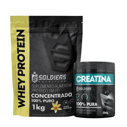 Kit: Whey Protein Concentrado 1Kg + Creatina Monohidratada Pote 300g - 100% Pura Importada - Soldiers Nutrition