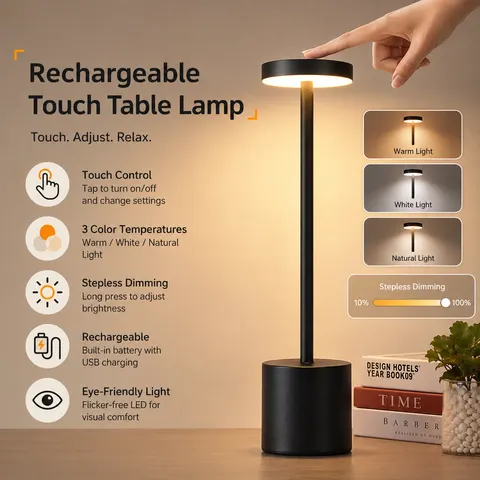 Luminária de Mesa Recarregável sem Fio LED com Toque, 3 Cores Reguláveis, Luz Portátil para Quarto, Restaurante e Decoração de Escritório