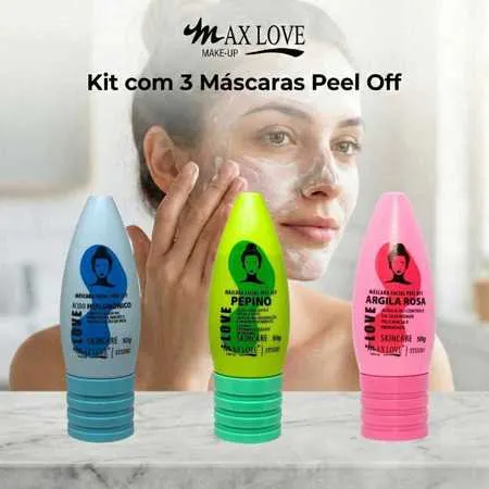 Kit com 3 Máscaras Peel Off - Ácido Hialurônico, Pepino, Argila Rosa Max Love