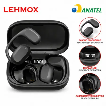 Fone Bluetooth Esportivo TWS com Gancho Microfone Case Tipo C sem Fio