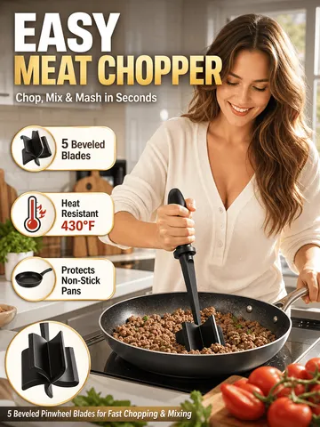 Picador de carne resistente ao calor, com 5 lâminas chanfradas, e esmagador de carne moída em nylon que não risca, ideal para panelas antiaderentes.