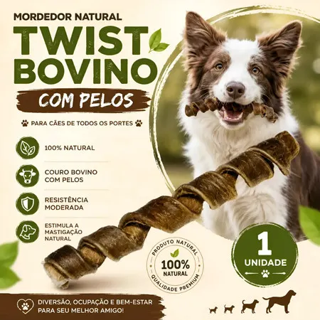 Mordedor Natural para Cachorro Twist Bovino com Pelos 1 Unidade Natural