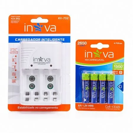 kit Carregador de Pilhas AA AAA e 9v Bivolt com Auto Stop Led Inteligente