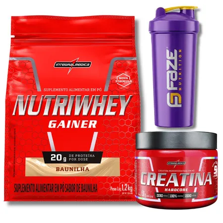 Kit Nutri Whey Gainer Refil 1,2kg + Creatina Hardcore150g Integralmedica + Coqueteleira Faze Nutrition