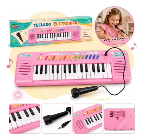 Teclado Musical Infantil Rosa de 32 Teclas com Microfone – Piano Didático Alvo Toys